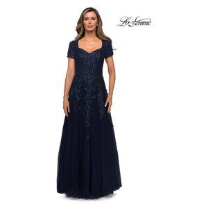 La Femme Navy Beaded Short-Sleeve Evening Gown 28037 New size 16